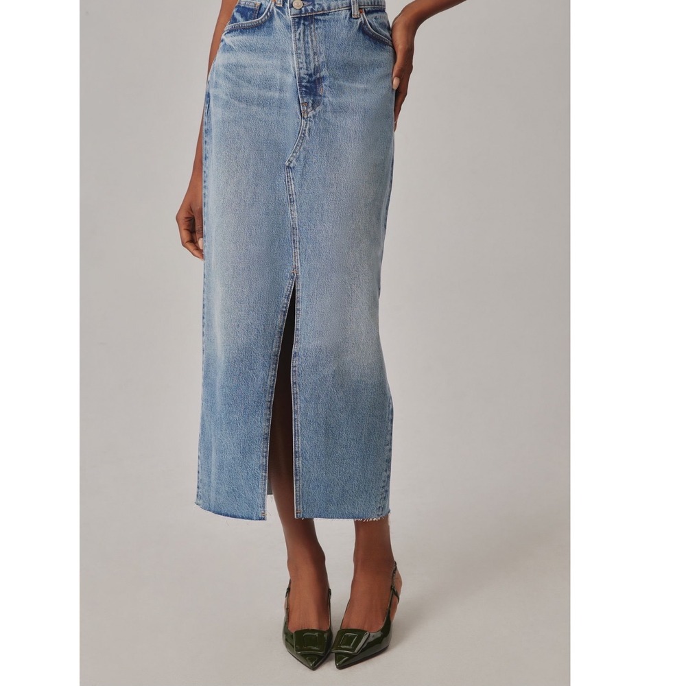 $168 Reformation Nila Long Denim Jean Skirt Blue Crossover Waist Midi Slit 26 4 - Picture 2 of 15